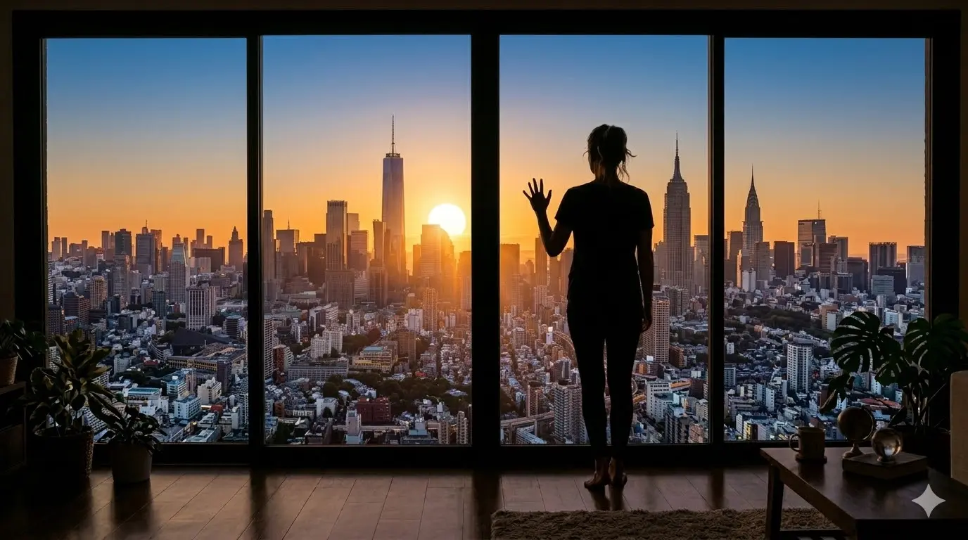 person standing at a window watching a sunrise, peaceful spiritual morning atmosphere