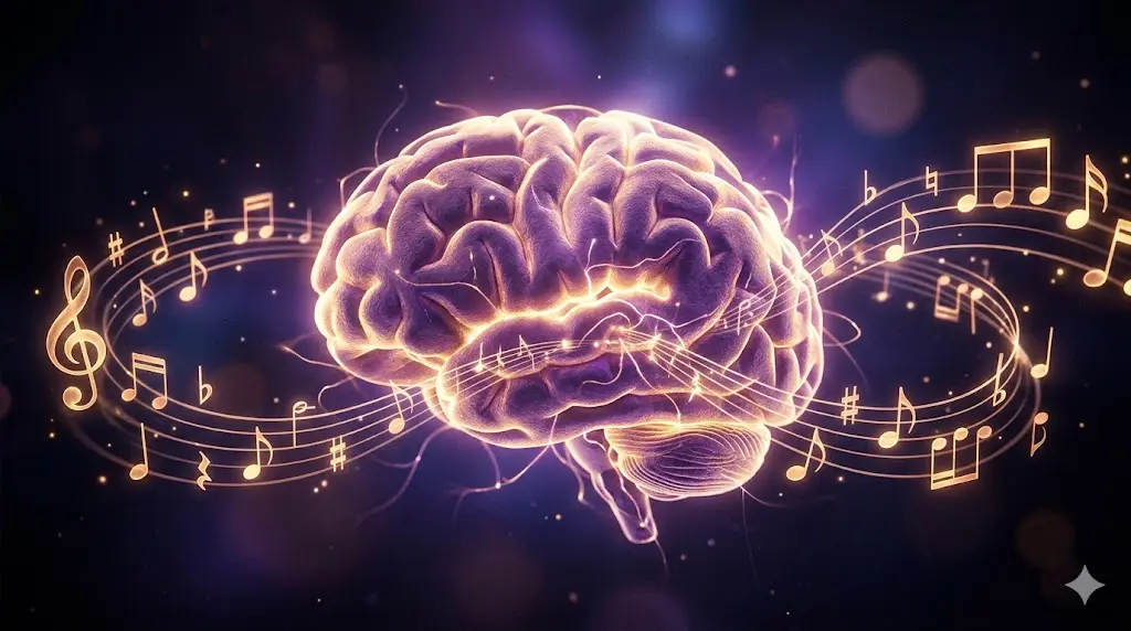 artistic illustration of a human brain surrounded by musical notes and glowing neural connections representing the emotional power of music