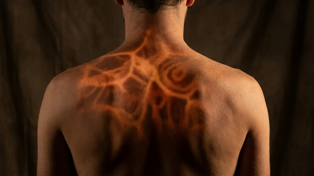 close-up of a person's upper back shoulders and neck from behind with a visible warm copper tension pattern glowing across the trapezius muscles, representing stored emotional tension during spiritual awakening