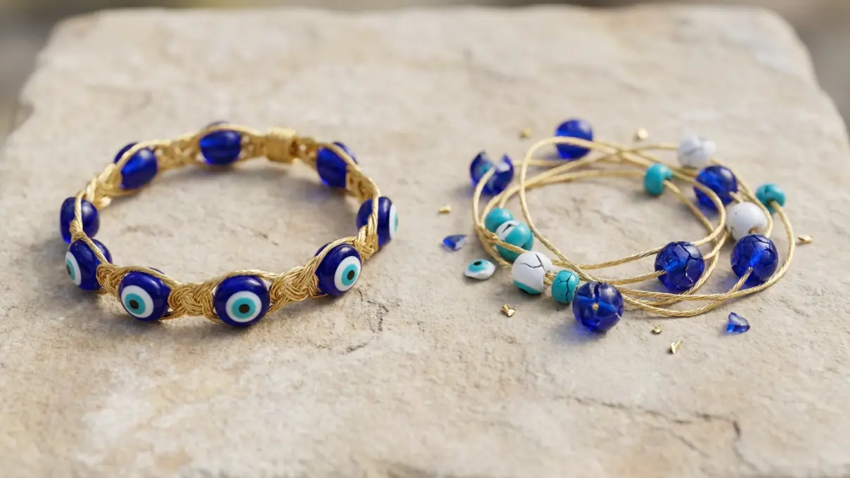 a new intact evil eye bracelet in cobalt blue glass next to a broken one on a light stone surface, symbolizing the transition from old protection to new