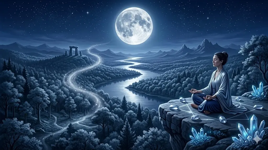 moonlit sky over a quiet forest at night, symbolic spiritual atmosphere