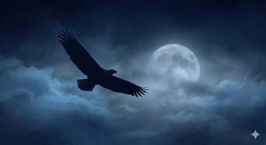 dark night sky with a silhouette of an eagle flying under the moonlight in a dream