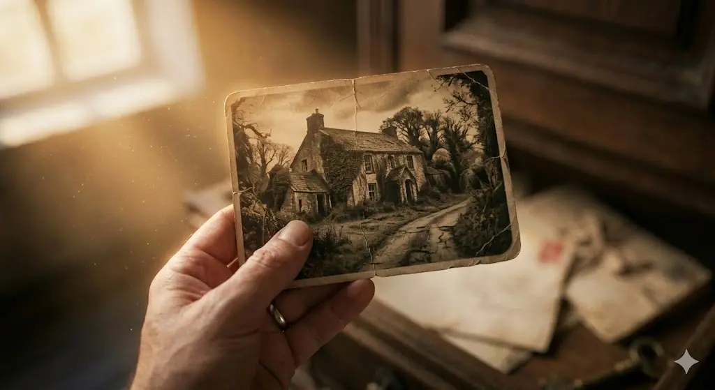 hand holding a faded sepia photograph with blurred background symbolizing memory and spirituality