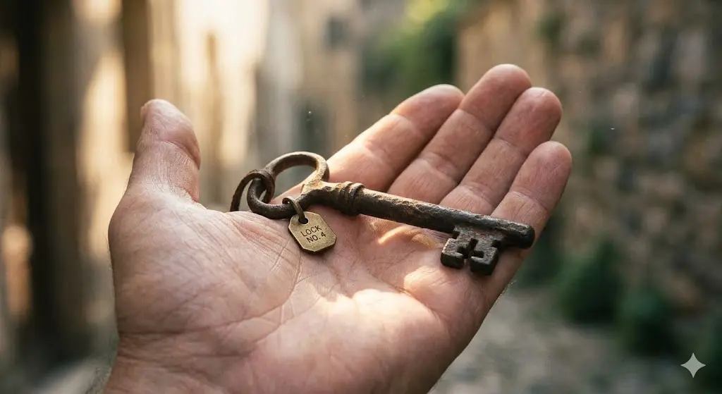 Person holding an old rusty key in their palm, sunlight, close-up detail