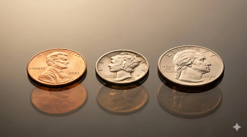penny dime and quarter coins arranged side by side on a reflective surface with soft light