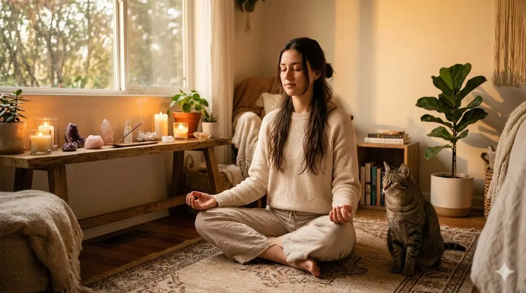 A person meditating peacefully near a cat in a serene spiritual environment