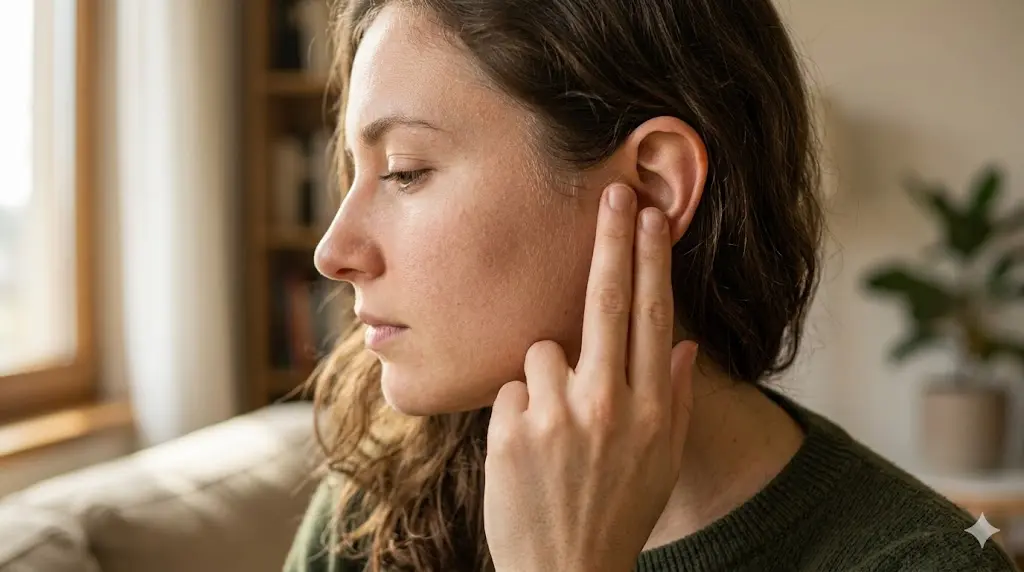 close-up of a person pressing their fingertips gently against their ear with a thoughtful expression, natural light, representing the act of noticing and assessing ear burning