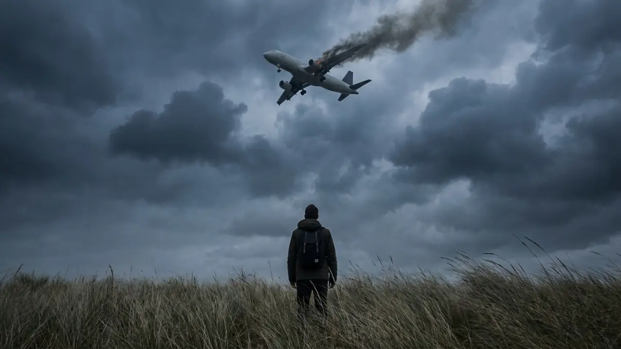 silhouette of a person standing alone in an open field looking up at a dramatic sky with thick dark clouds and a faint trail of smoke, cool desaturated tones, representing watching a plane crash dream from the ground