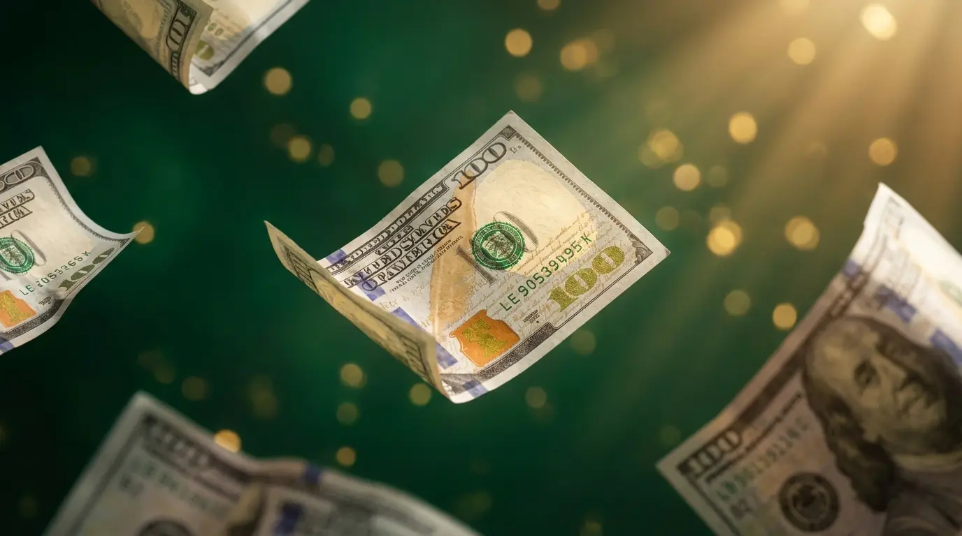 multiple US dollar bills floating in mid-air with soft golden bokeh lights in the background, representing powerful money affirmations attracting wealth