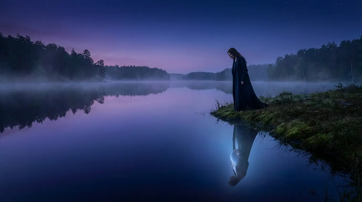 surreal dreamscape of a woman looking at her reflection in water showing a pregnant silhouette, twilight tones of violet and deep blue