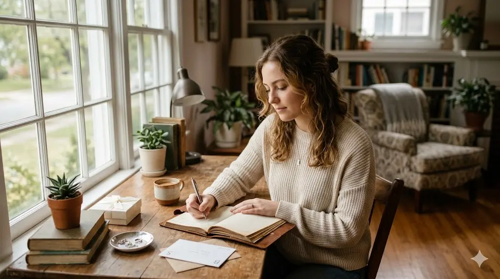 Woman journaling peacefully in the morning light processing her emotions before her wedding day