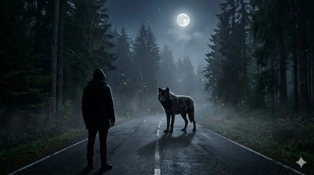 Silhouette of a person facing a black wolf on a road, representing Carl Jung's shadow self concept in dream psychology