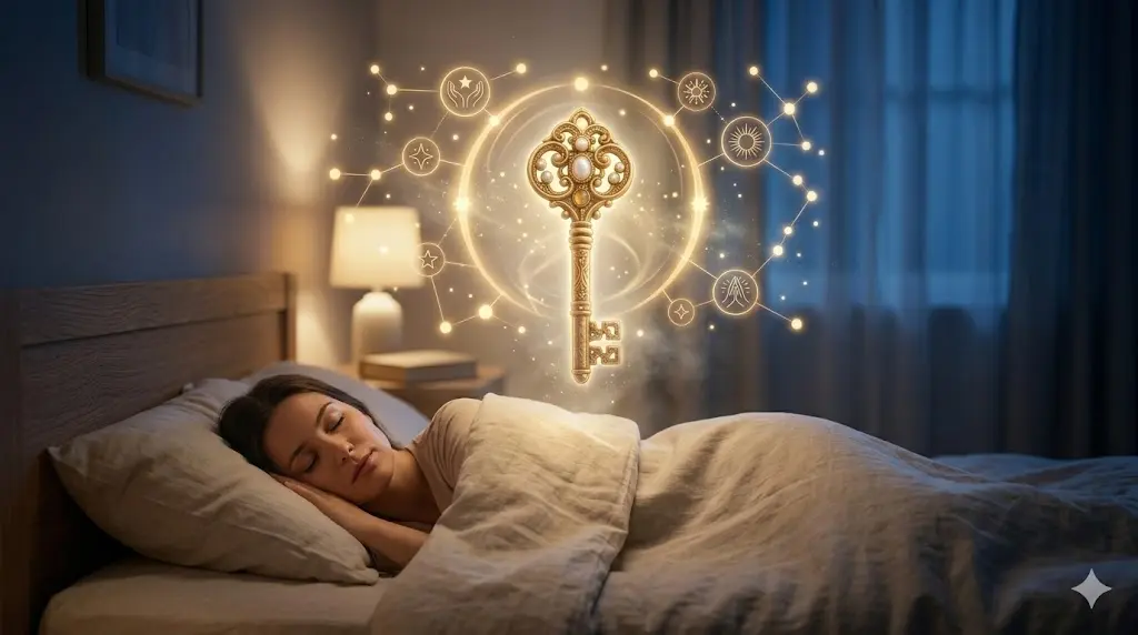 person sleeping peacefully with a golden key glowing above them representing dream symbolism and the subconscious mind