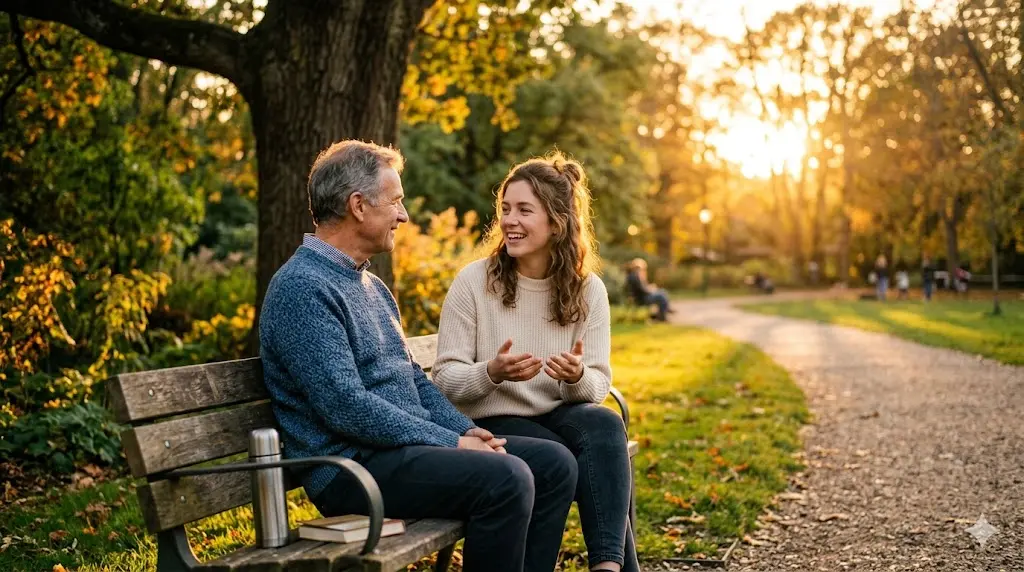 two people having a deep conversation on a park bench at sunset, warm light and genuine connection, representing finding aligned relationships