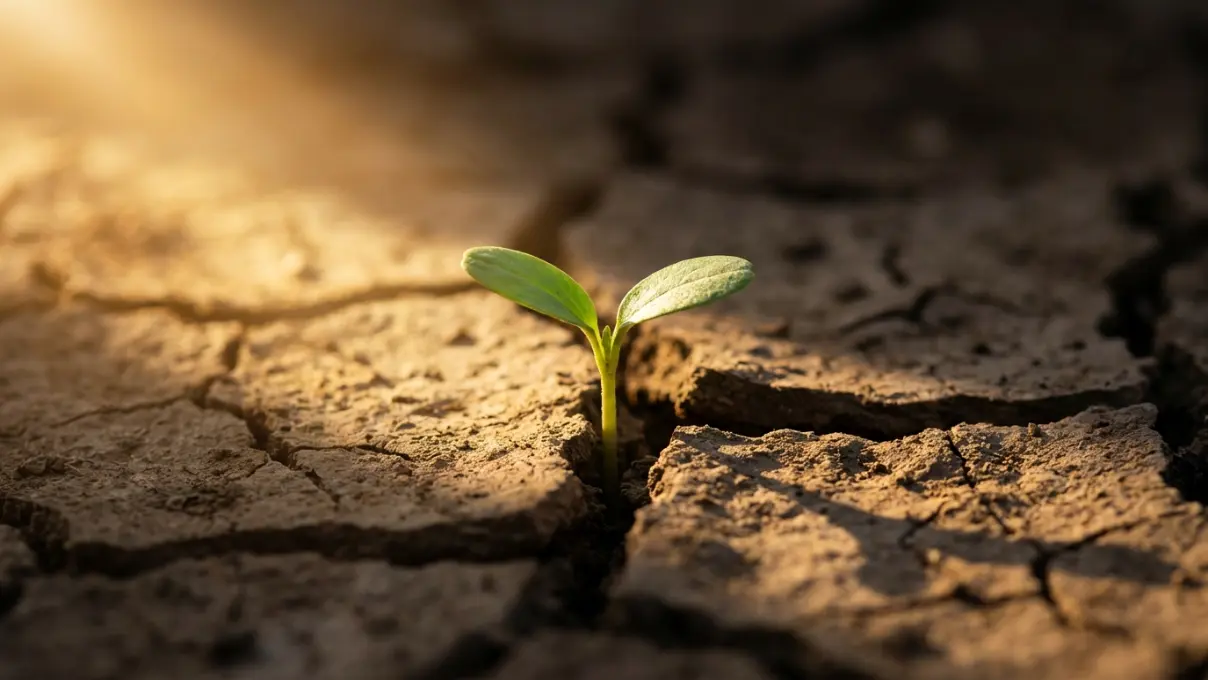  single green plant sprouting through cracked dry earth in dramatic lighting, symbolizing new growth after total loss and spiritual rebuilding