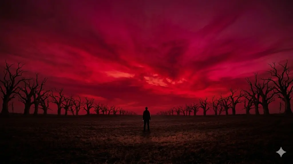 surreal red sky dream scene with total silence, spiritual symbolism