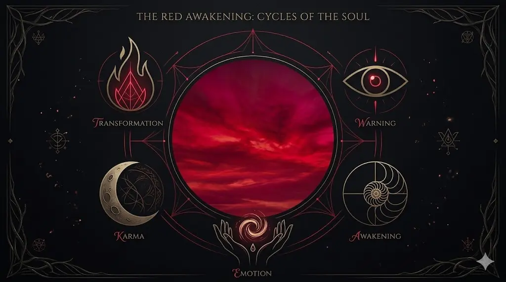 infographic showing spiritual meanings of dreaming of a red sky, including transformation, warning, and awakening