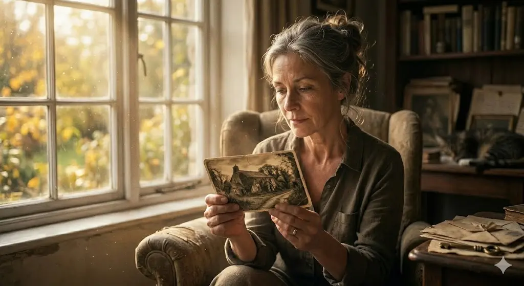 person sitting quietly by a window holding an old photograph in soft afternoon light reflecting on its meaning