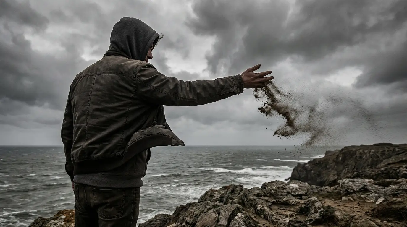 person releasing a handful of dark sand into the wind against a dramatic overcast sky, representing letting go of guilt and self-blame