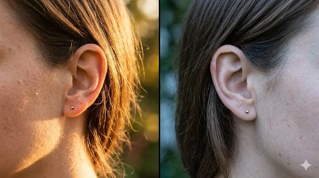 side by side close-up photos of a woman's right ear in warm sunlight and her left ear in cool shade, representing the different spiritual meanings of each side