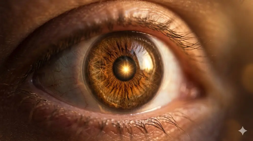 artistic close-up of a human eye reflecting golden light with subtle sacred geometry patterns, spiritual symbolism
