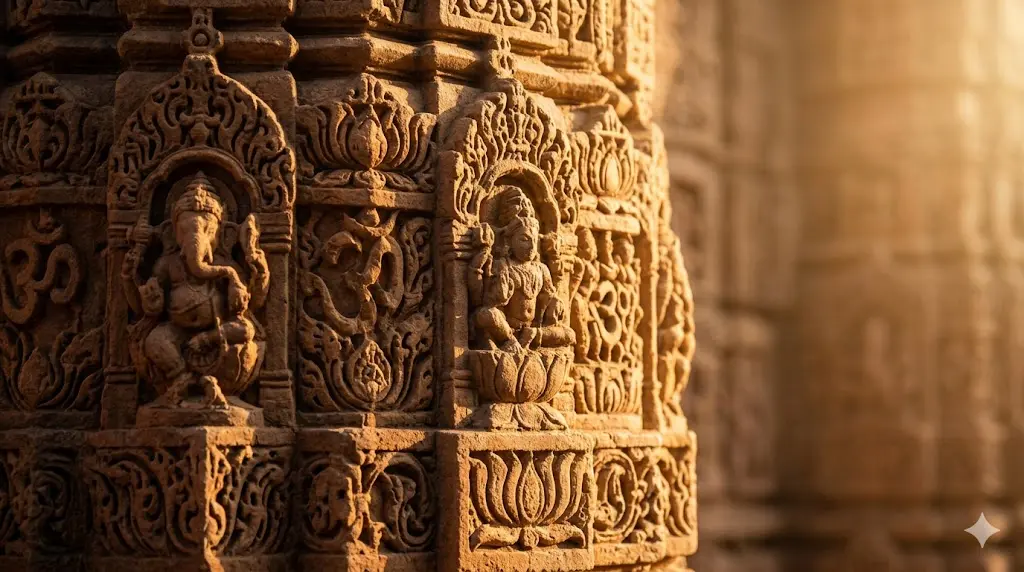 ornate Hindu temple detail with golden accents and warm lighting, representing Vedic spiritual tradition and ancient wisdom