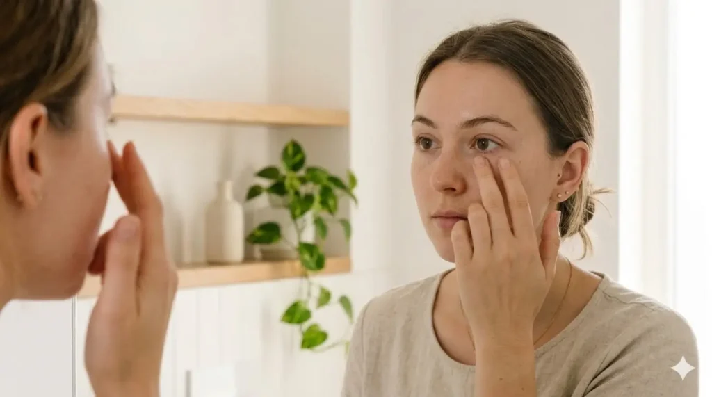 woman looking in a mirror with soft natural light, touching the area near her right eye, calm and reflective expression