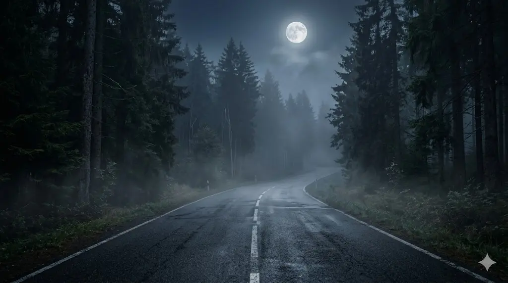 A long misty road through a dark forest at night symbolizing life journey and spiritual path in dreams
