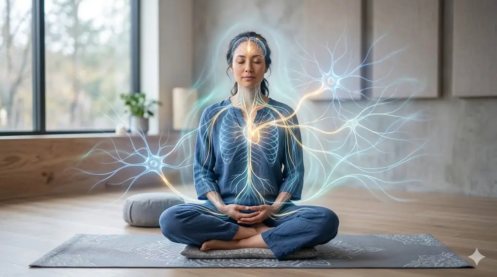 soft conceptual image of a person in a calm meditative state with subtle brain and nervous system light patterns, representing the science of emotional release