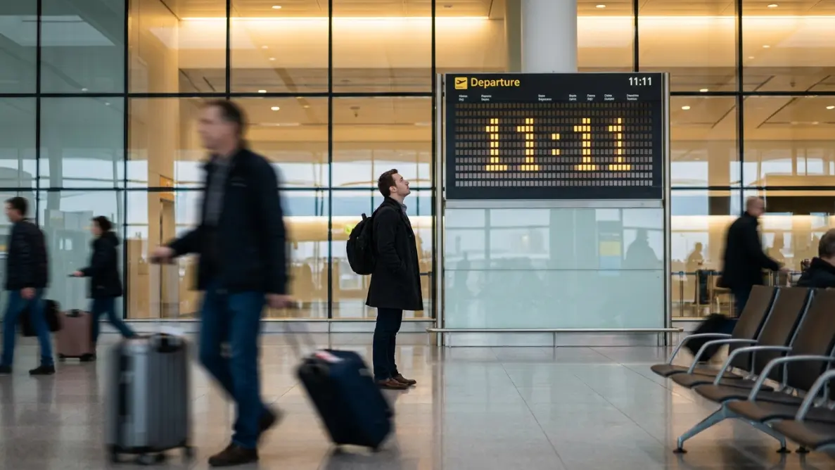 airport departure board showing 11:11 during a reflective travel moment, representing seeing 11:11 while thinking of someone from the past