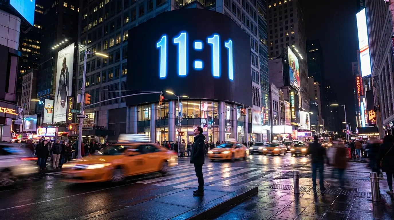 large city display showing 11:11 in Times Square at night, representing a sudden emotional moment while thinking of someone from the past