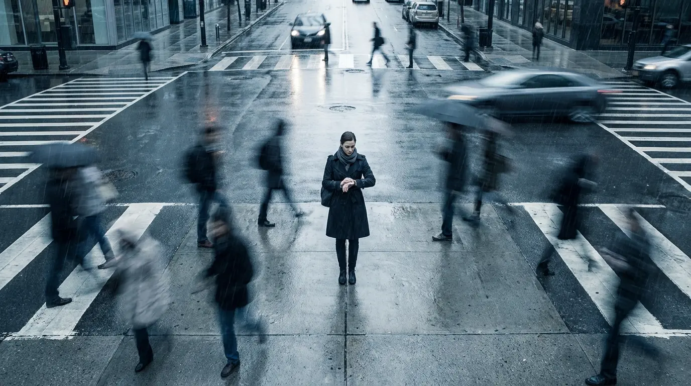 overhead view of a woman standing still at a busy crosswalk while others blur in motion around her, cool urban tones, representing a pause moment when 222 appears