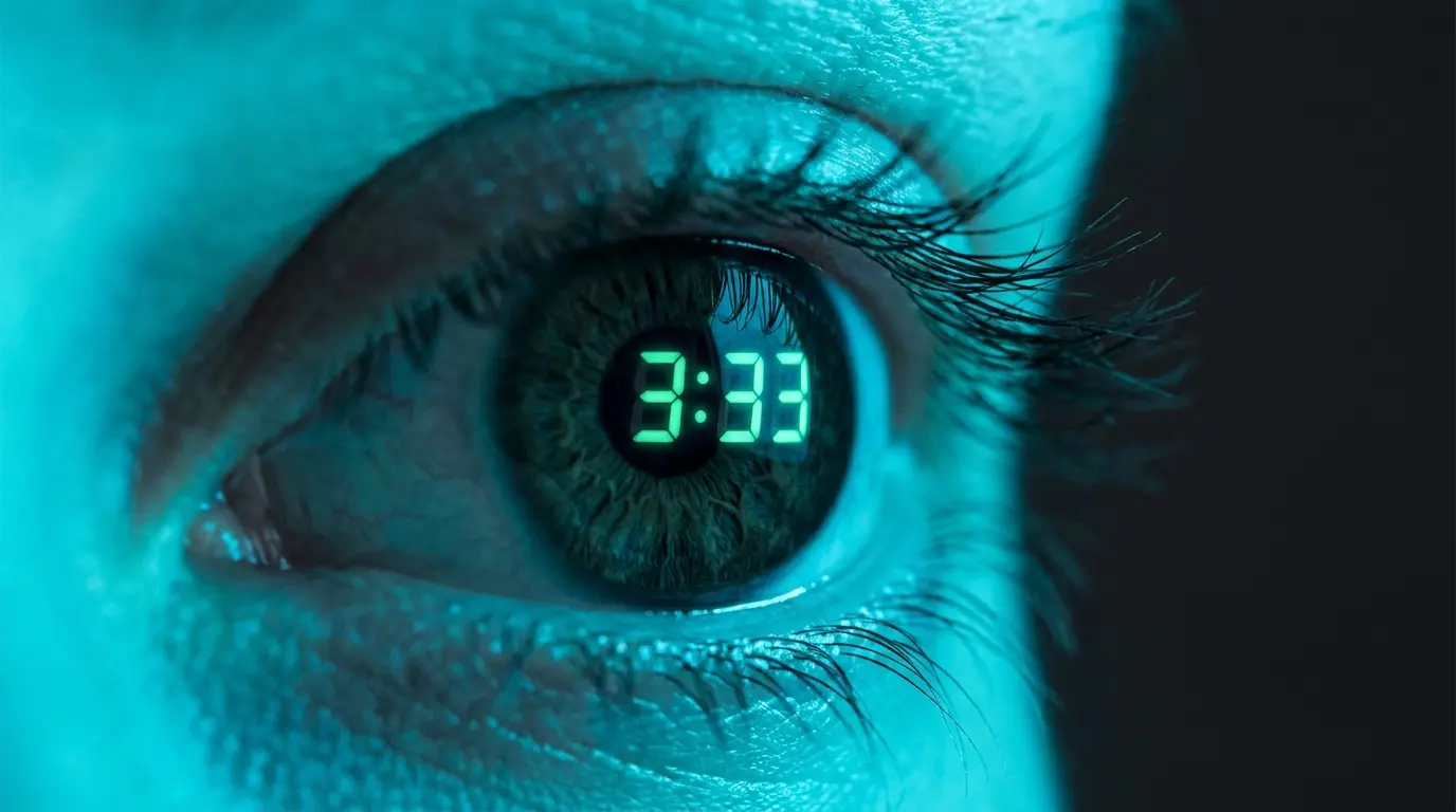 close-up of a digital clock showing 3:33 reflected in a person's eye, representing attention and the frequency illusion of seeing 333 repeatedly