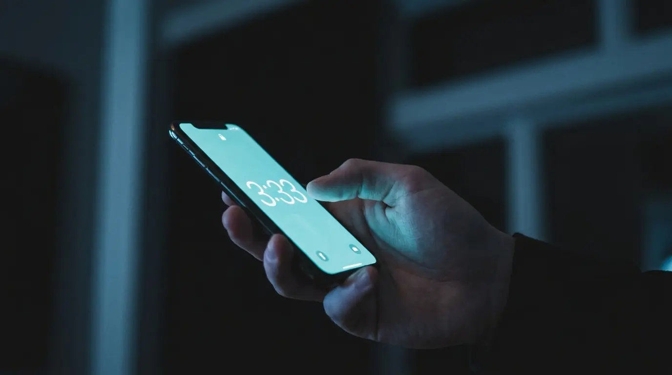 a hand holding a smartphone showing 3:33 on the lock screen in dim lighting, representing the moment of catching 333 on a clock repeatedly