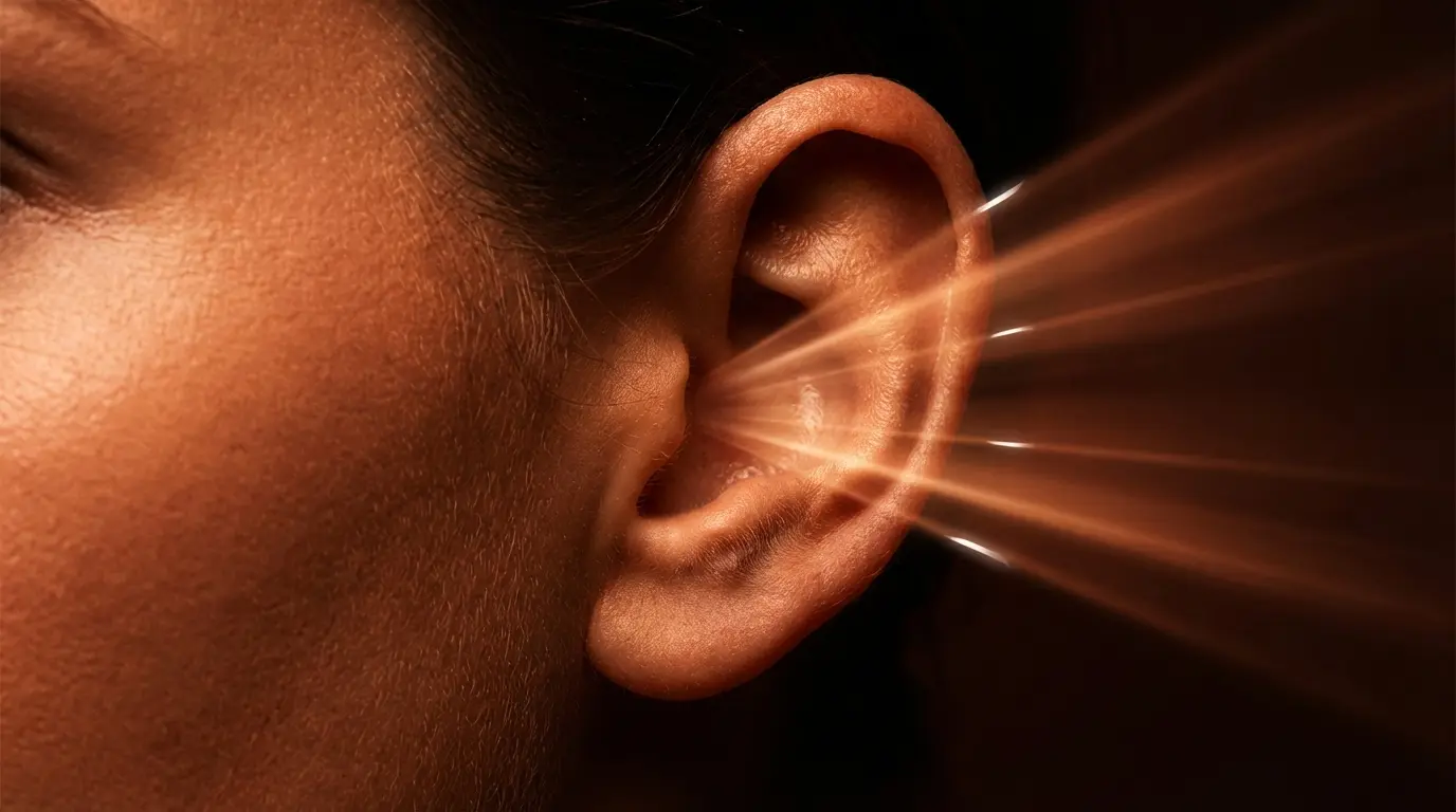 close-up of a person's ear and side of face with warm copper light rays converging toward the ear canal, representing heightened sensory sensitivity during spiritual awakening