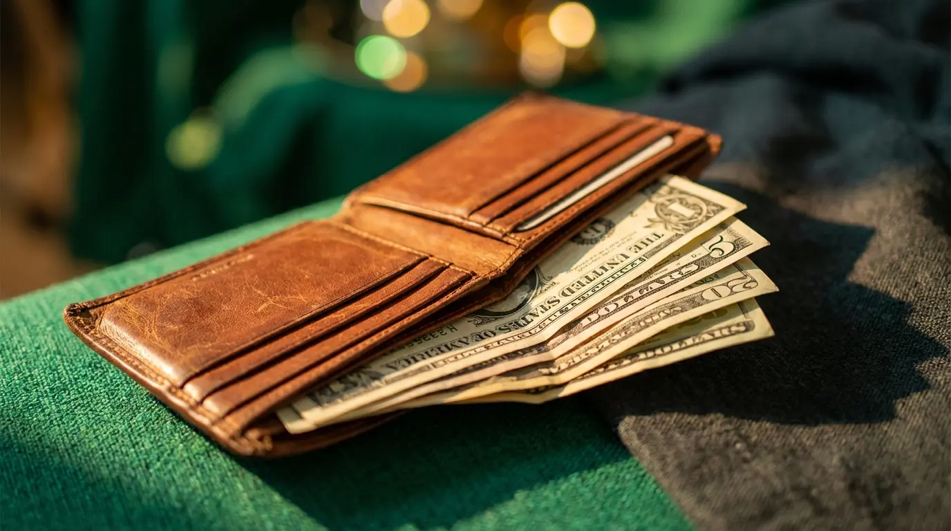 an open wallet with US dollar bills emerging from it bathed in warm golden light, symbolizing signs that money affirmations are beginning to attract wealth