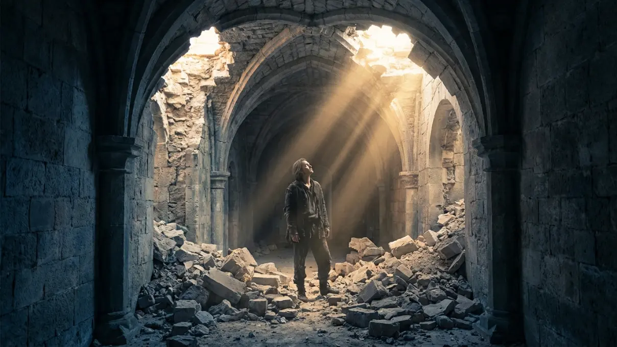 person standing in a partially destroyed stone corridor with golden light flooding in through the collapsed ceiling, looking upward with calm determination, representing recognition of a Tower Moment during manifestation