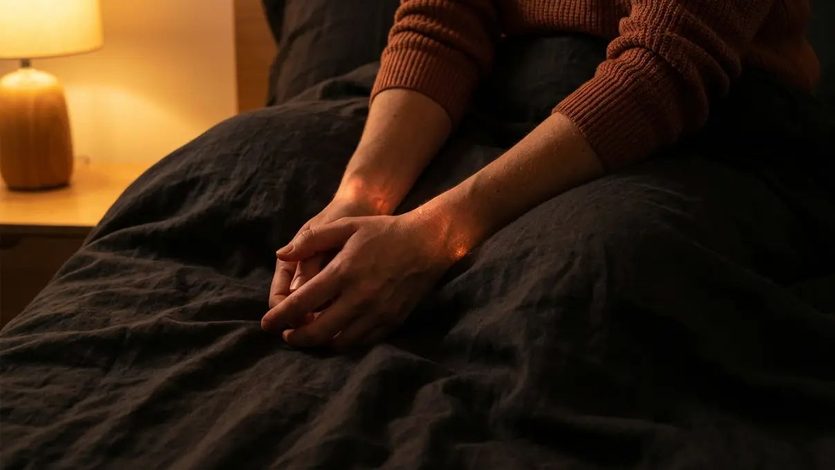 person's hands resting on rumpled bed sheets in warm amber light with a faint copper glow around the wrists, representing disrupted sleep architecture during spiritual awakening