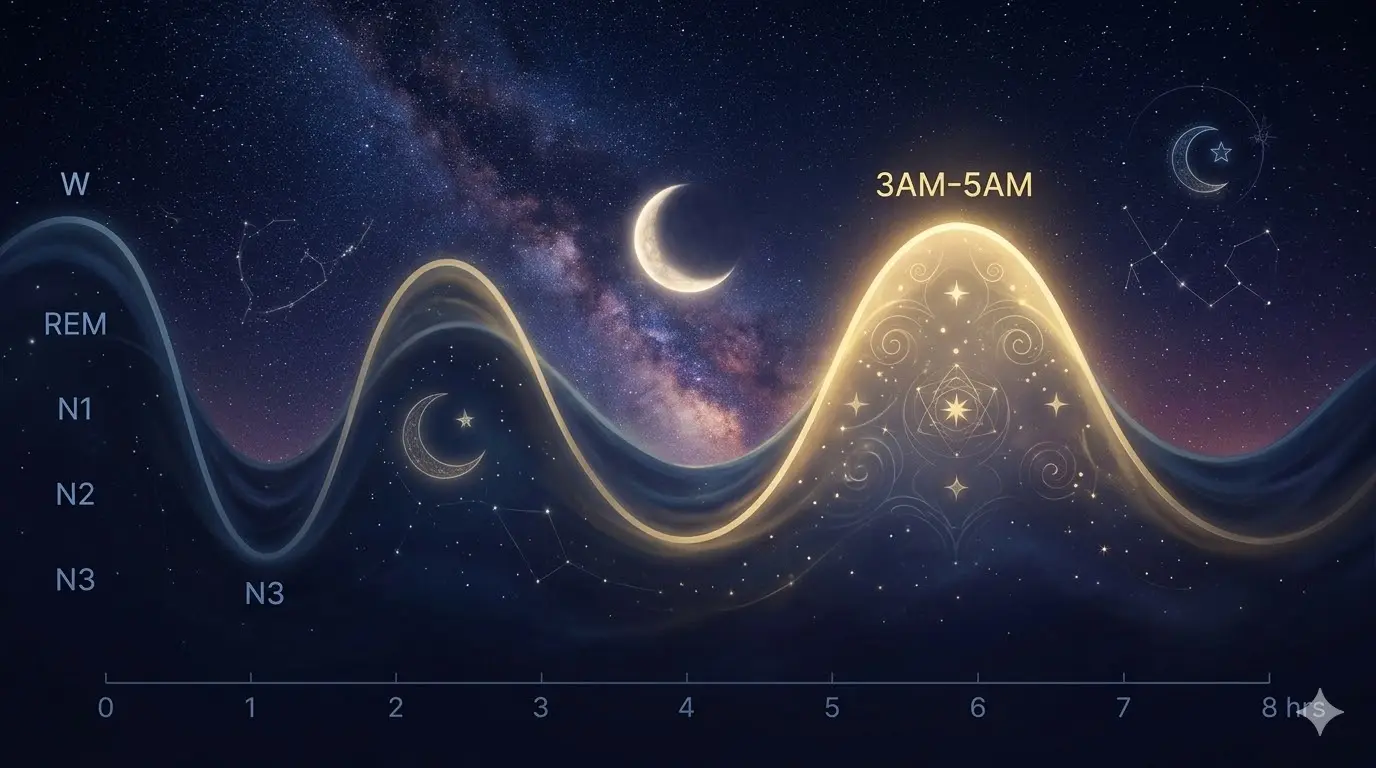 illustration of human sleep cycle stages at night showing lighter REM phase between 3am and 5am with spiritual symbolism