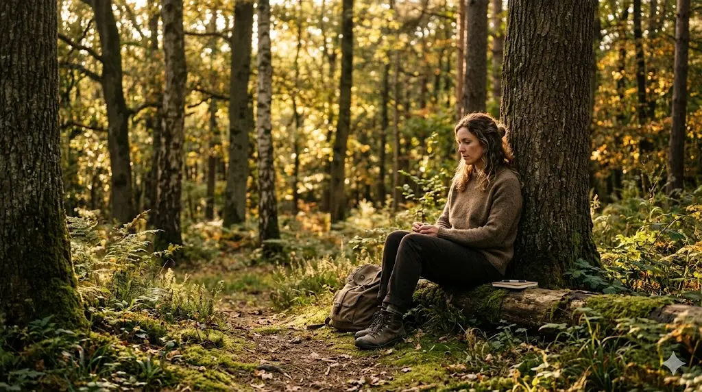 person sitting alone in a quiet forest clearing with soft light filtering through trees, looking inward and reflective, symbolizing spiritual fatigue and inner transformation