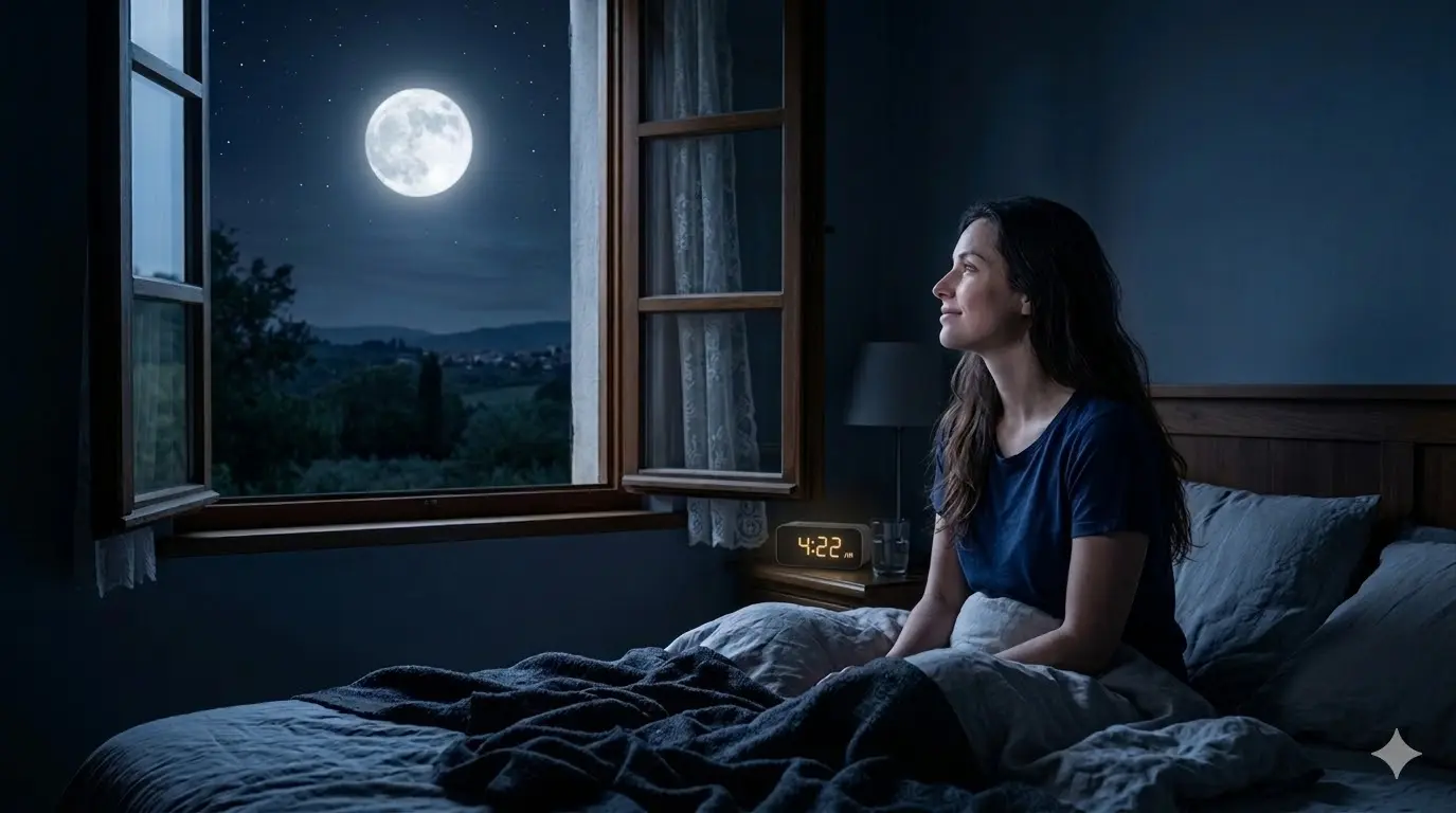 woman sitting up in bed at night looking out the window at the moon with a peaceful and introspective expression suggesting a spiritual awakening