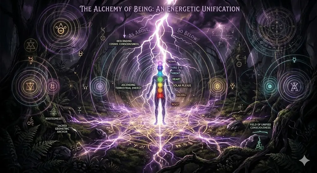 spiritual infographic of a glowing human silhouette standing in a dark forest under an electric storm with chakra energy