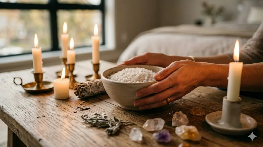hands holding a bowl of sea salt with candles and dried herbs nearby on a wooden table, representing a spiritual cleansing ritual after breaking a mirror