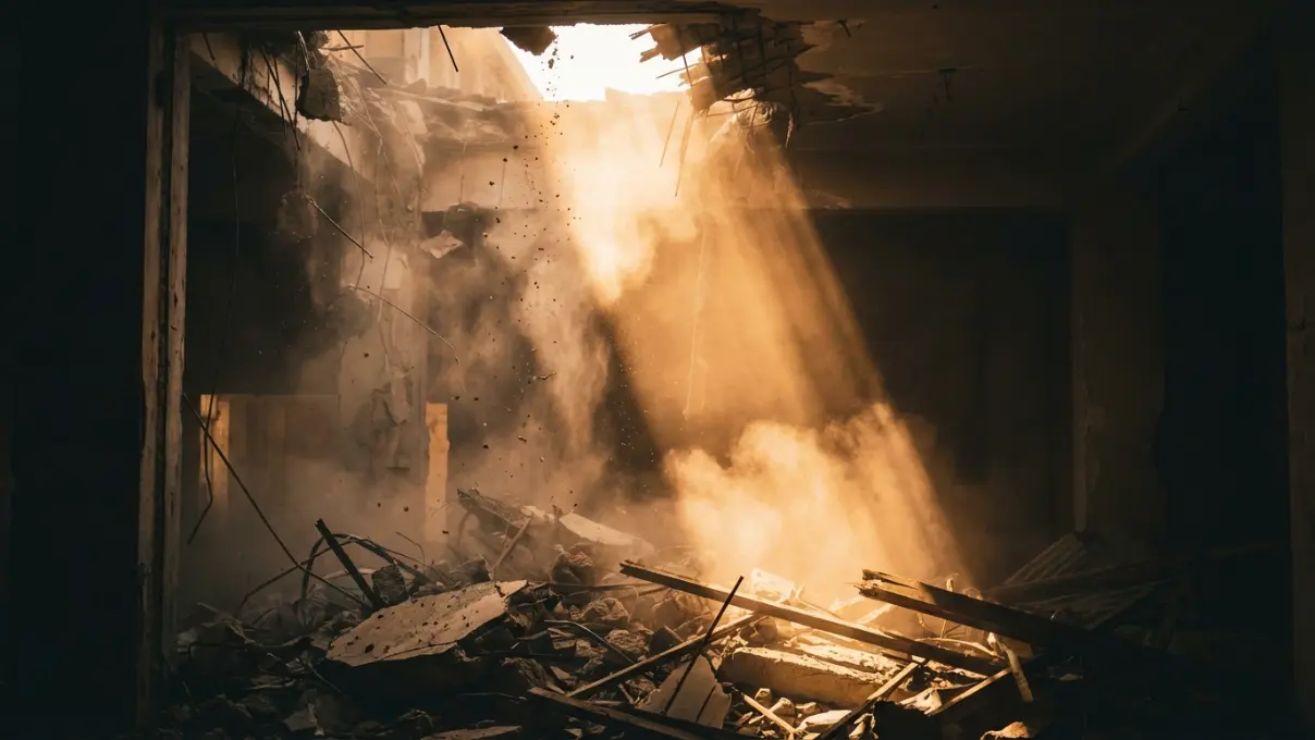 demolished building with sunlight breaking through the dust and rubble, representing spiritual demolition and the clearing before a new beginning