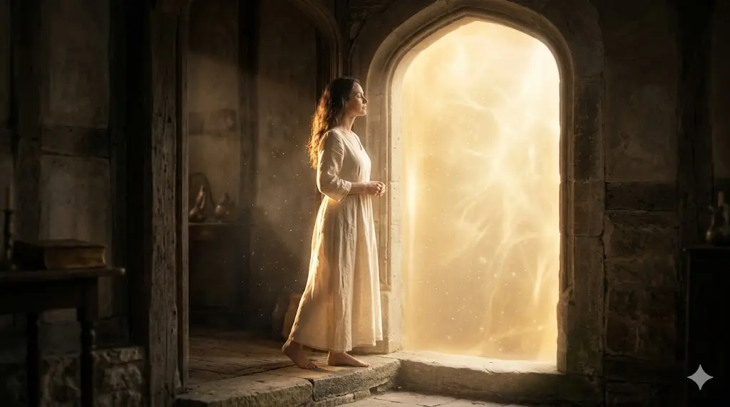 Woman standing at a symbolic doorway with light representing closure and a new beginning