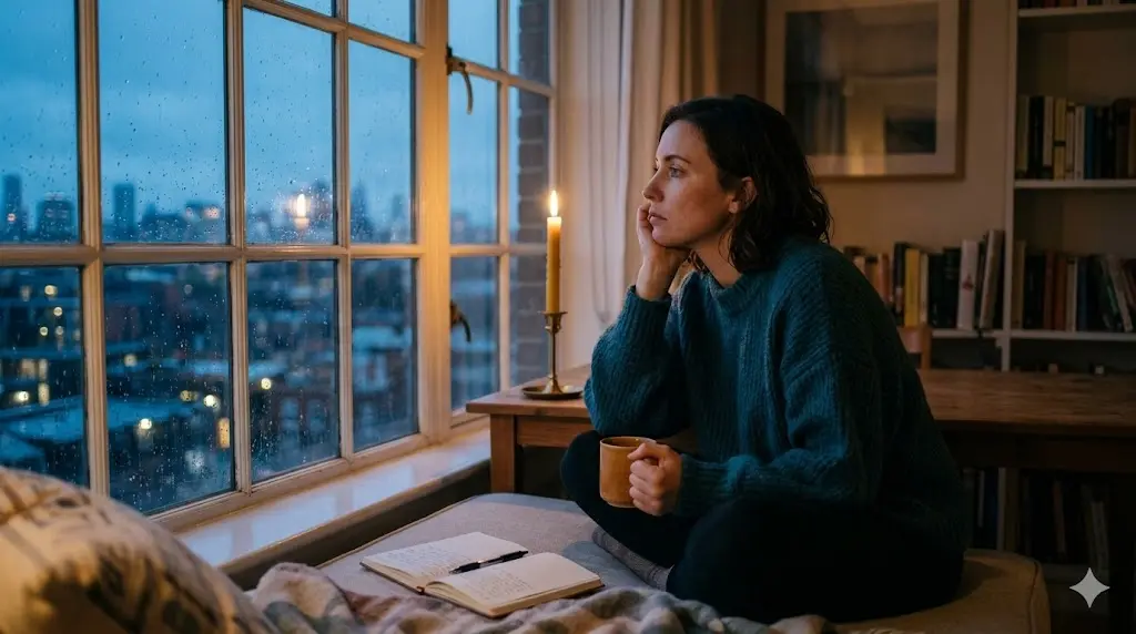 Person sitting in quiet contemplation in dim light searching for spiritual meaning