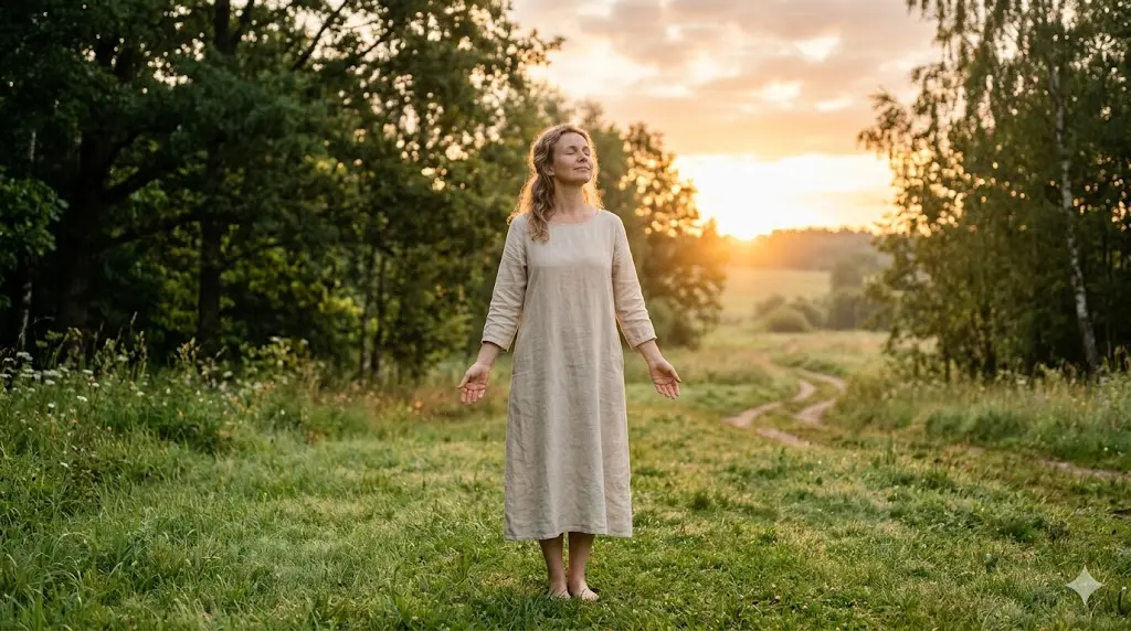 woman practicing grounding meditation outdoors barefoot on grass at sunrise, representing spiritual energy restoration and healing