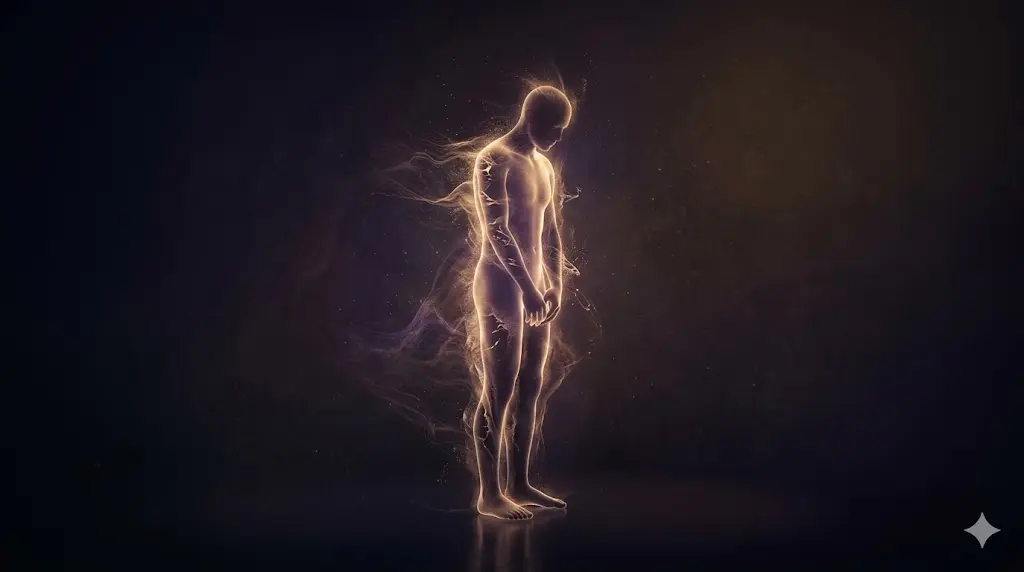 peaceful illustration of a human silhouette surrounded by soft glowing energy field, representing spiritual and energetic exhaustion