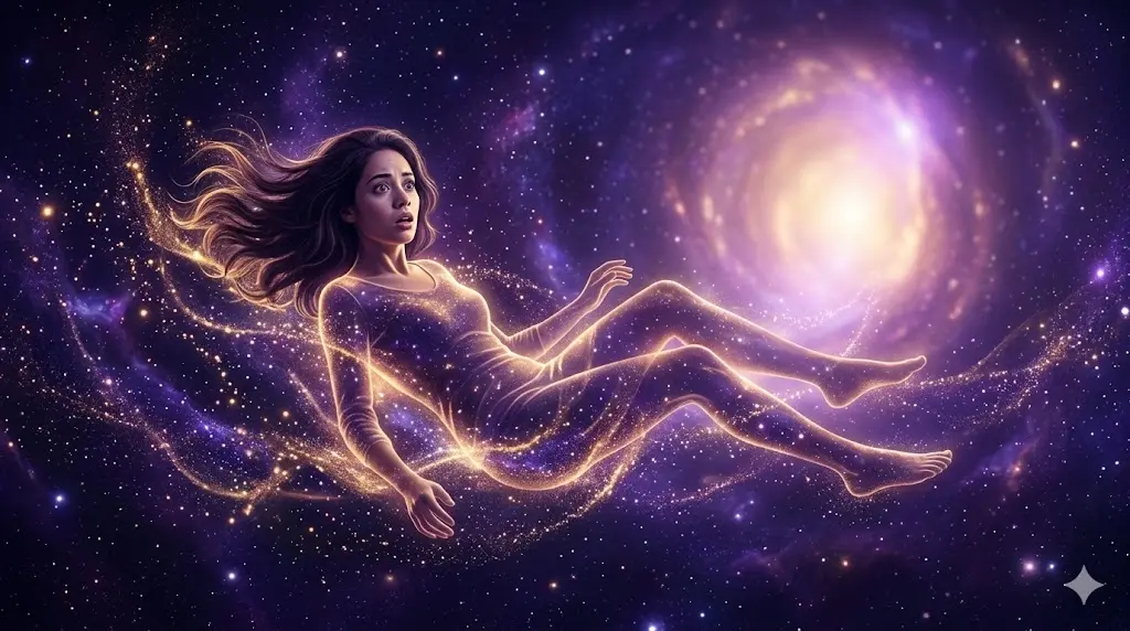 symbolic spiritual illustration of a soul falling through a cosmic void with light at the end
