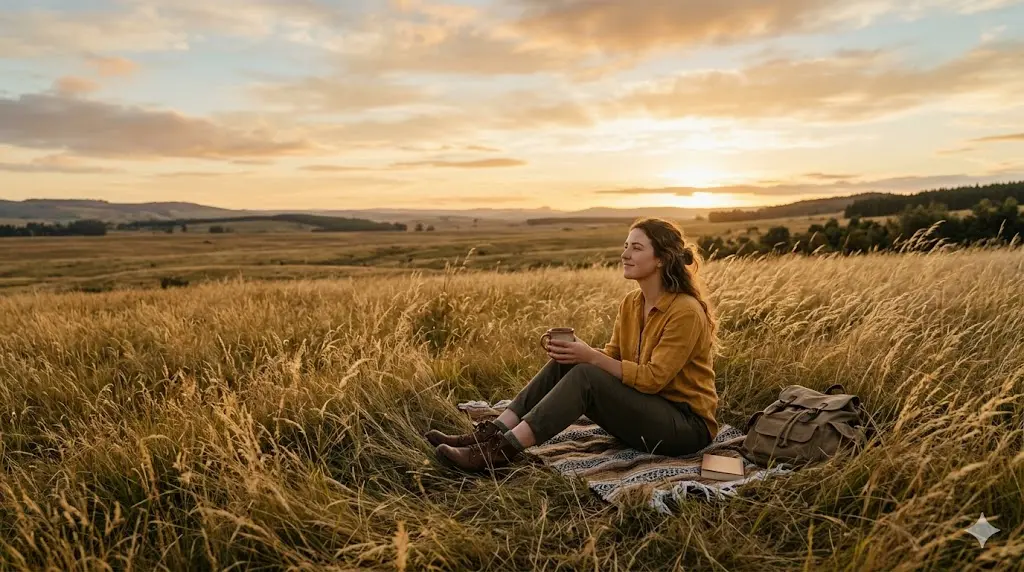 person sitting peacefully alone in nature with a serene expression, surrounded by tall grass and warm late afternoon light, symbolizing spiritual solitude